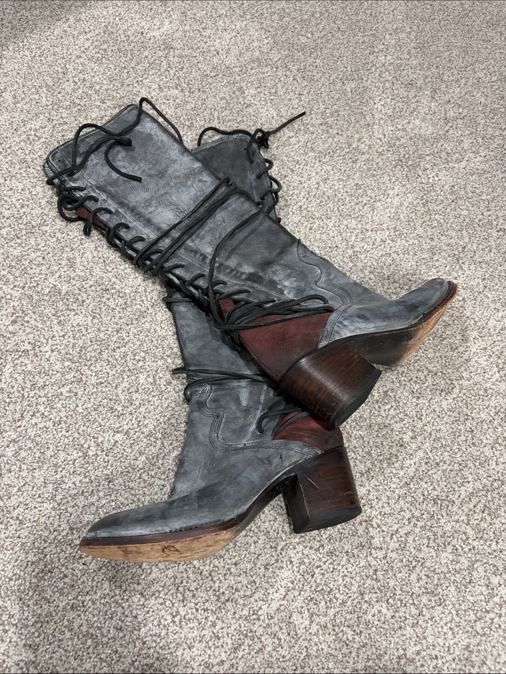 Women's Lace-Up Gray and Brown Leather Mid-Calf Boots